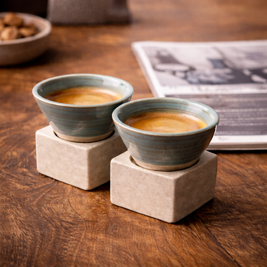 Handcrafted Ceramic Espresso Cup with Stone Base Stand | Available in 3 Colors