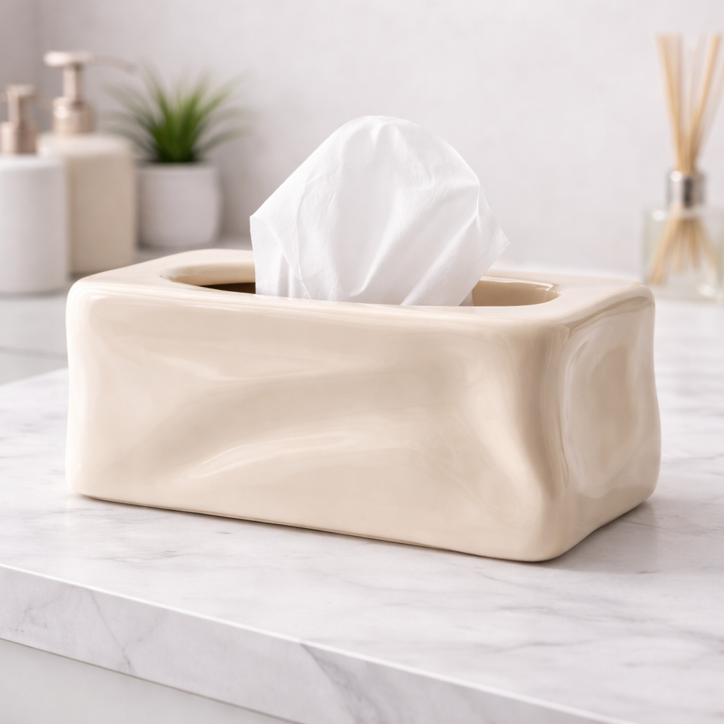 Handcrafted Ceramic Tissue Box Holder | Glossy Cream Organic Wave Form | Modern Home Decor