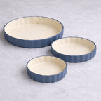 Ceramic Baking Dish Set of 3 | Scalloped Edge | Steel Blue and Cream | Oven Safe Tart Pan Set