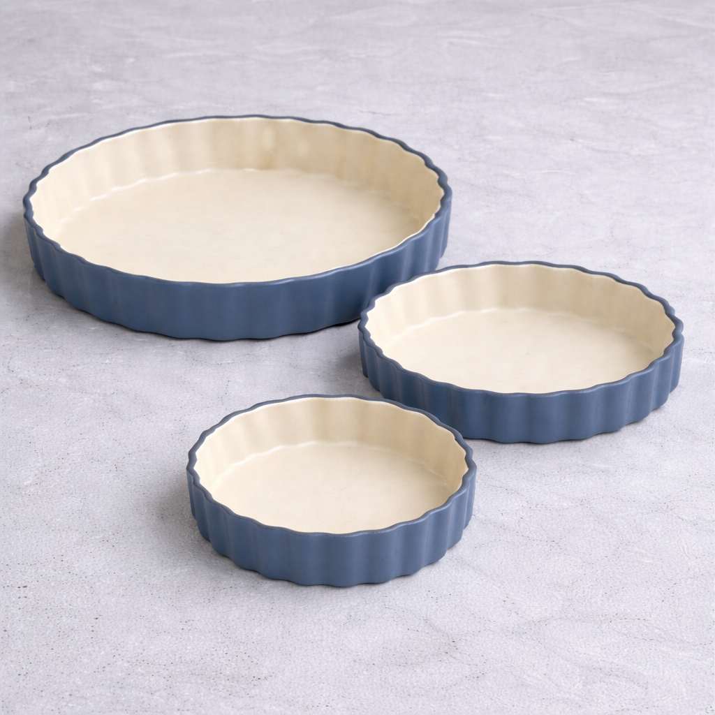 Ceramic Baking Dish Set of 3 | Scalloped Edge | Steel Blue and Cream | Oven Safe Tart Pan Set