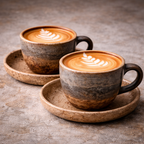 Handcrafted Speckled Ceramic Coffee Cup and Saucer Set | Earthy Multi-Tone Glaze | Artisan Cup