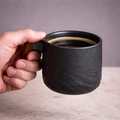 Handcrafted Matte Black Ceramic Coffee Mug with Wood Style Handle | Rustic Artisan Cup
