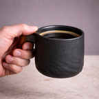 Handcrafted Matte Black Ceramic Coffee Mug with Wood Style Handle | Rustic Artisan Cup