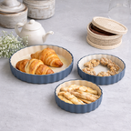 Ceramic Baking Dish Set of 3 | Scalloped Edge | Steel Blue and Cream | Oven Safe Tart Pan Set
