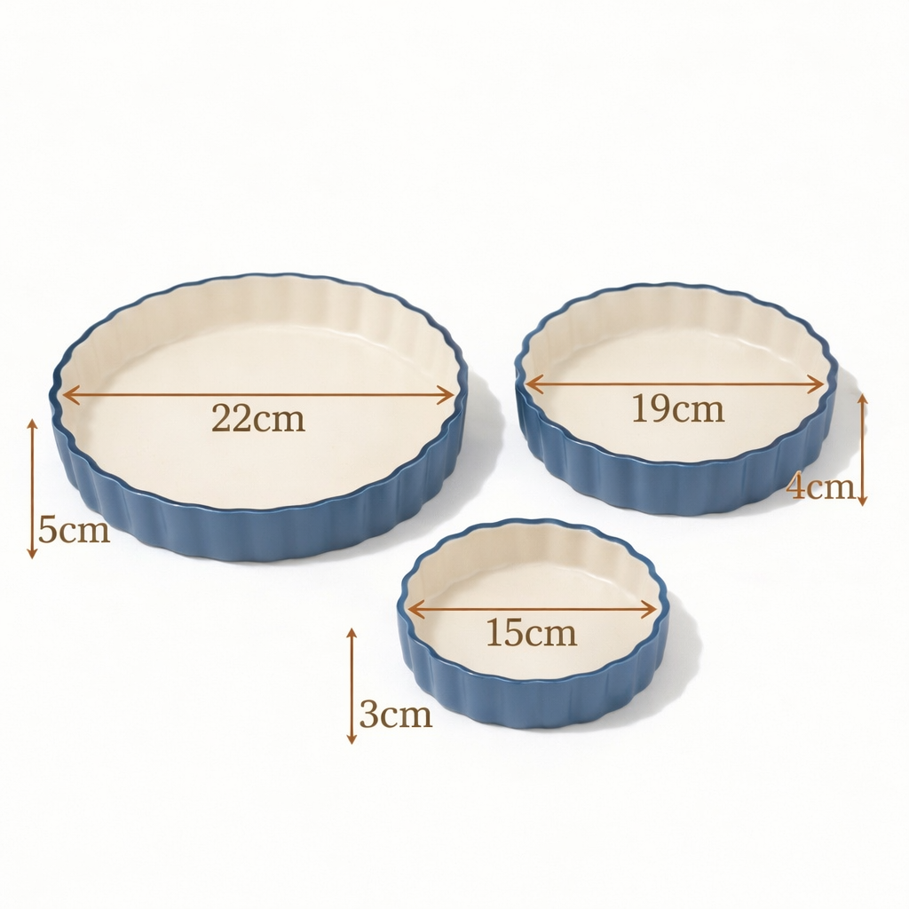 Ceramic Baking Dish Set of 3 | Scalloped Edge | Steel Blue and Cream | Oven Safe Tart Pan Set