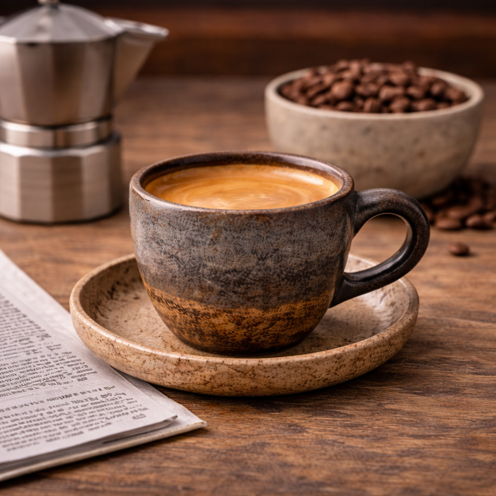 Handcrafted Speckled Ceramic Coffee Cup and Saucer Set | Earthy Multi-Tone Glaze | Artisan Cup