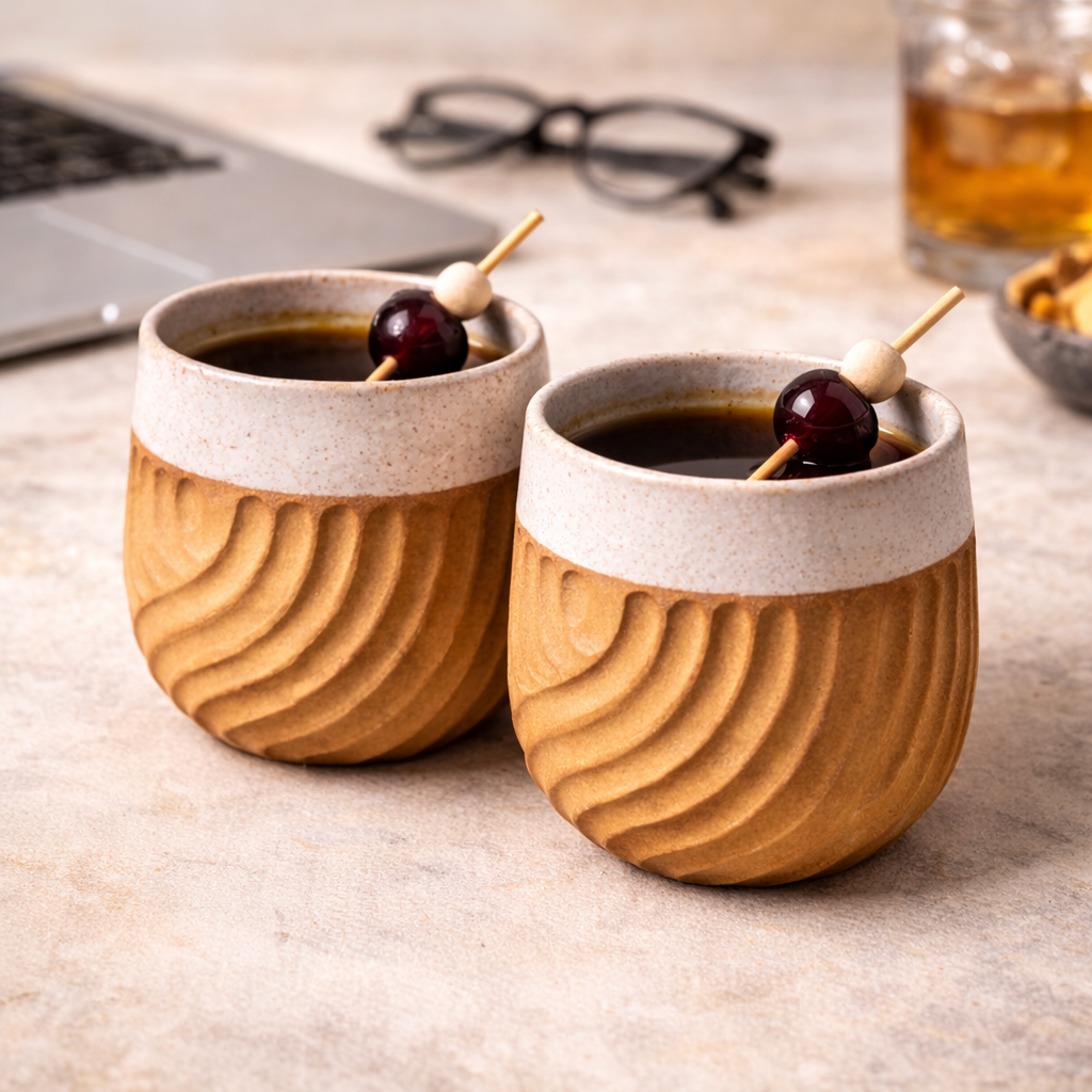 Handcrafted Ceramic Tumbler | Hand Carved Wave Pattern | Two-Tone Natural and White Glaze