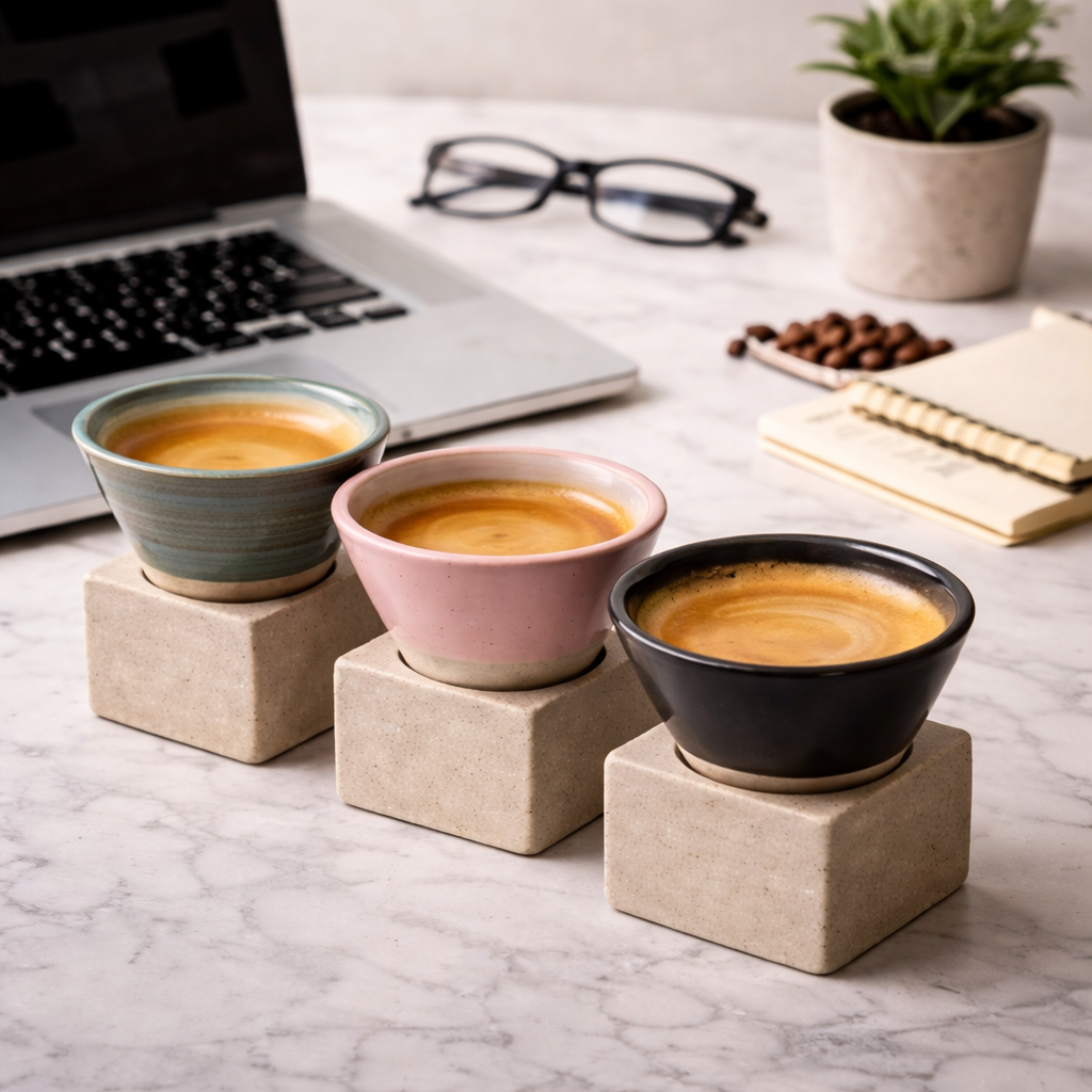 Handcrafted Ceramic Espresso Cup with Stone Base Stand | Available in 3 Colors