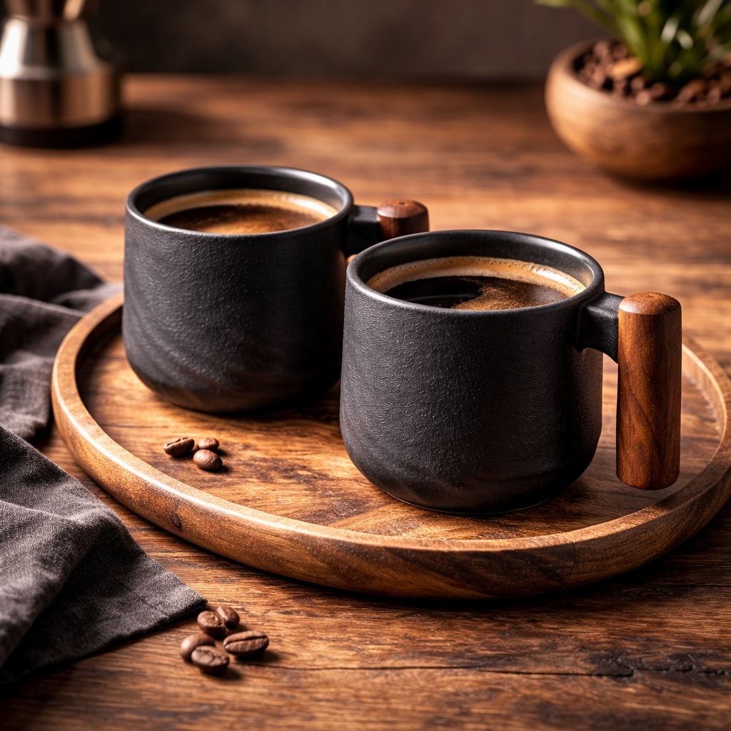 Handcrafted Matte Black Ceramic Coffee Mug with Wood Style Handle | Rustic Artisan Cup