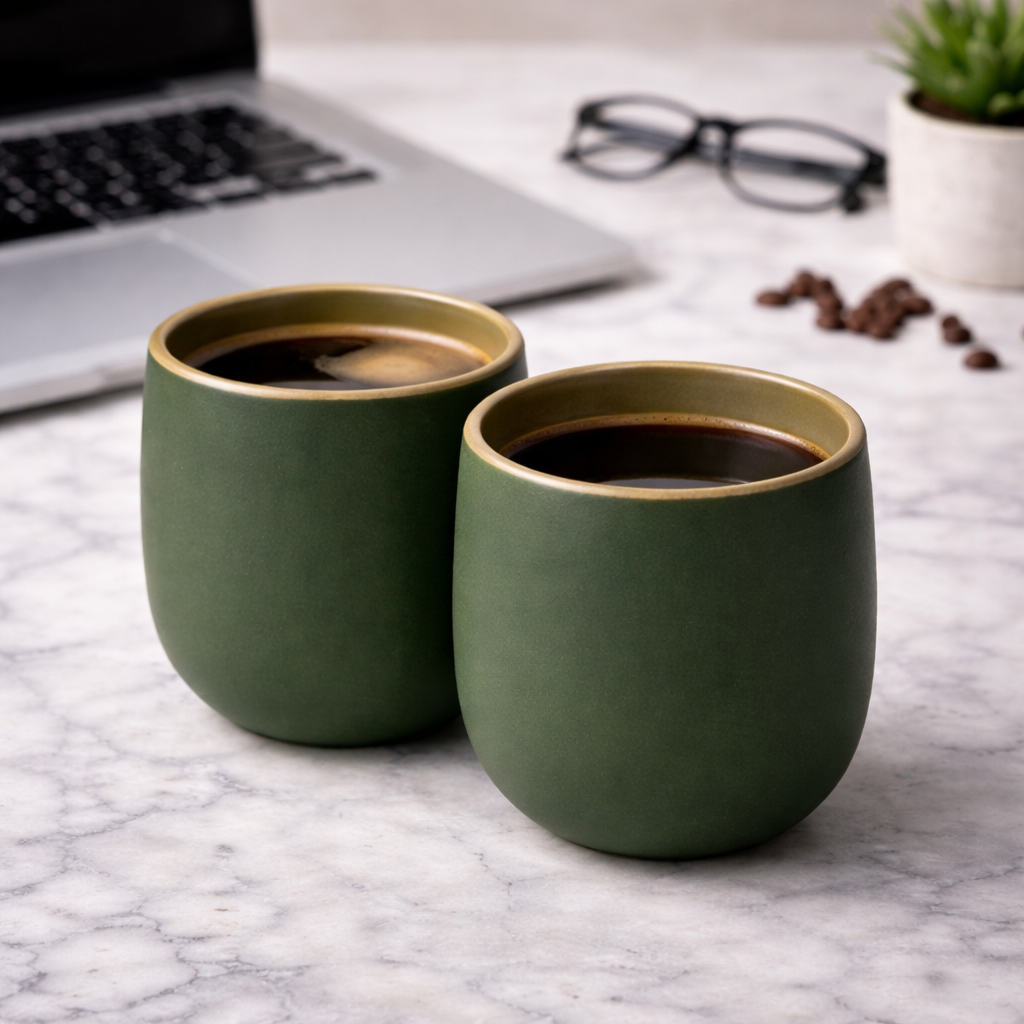 Handcrafted Matte Forest Green Ceramic Coffee Tumbler | Handleless Cup | Artisan Drinkware
