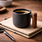 Handcrafted Matte Black Ceramic Coffee Mug with Wood Style Handle | Rustic Artisan Cup