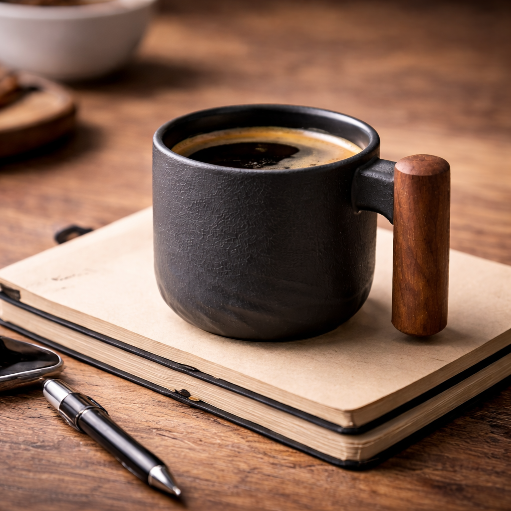 Handcrafted Matte Black Ceramic Coffee Mug with Wood Style Handle | Rustic Artisan Cup