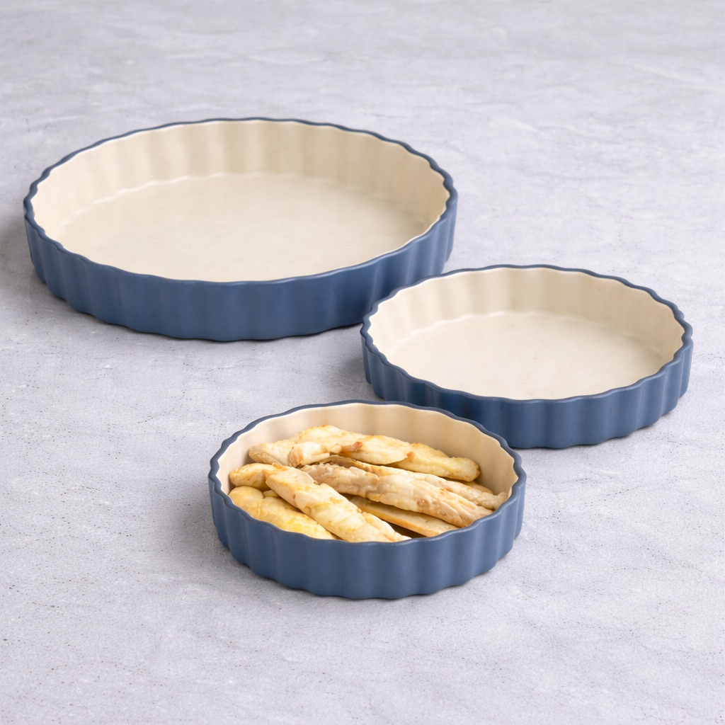 Ceramic Baking Dish Set of 3 | Scalloped Edge | Steel Blue and Cream | Oven Safe Tart Pan Set