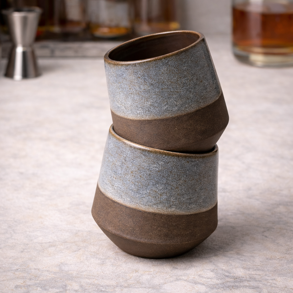 Handcrafted Two-Tone Ceramic Cup | Speckled Blue Grey Glaze with Raw Earthy Base | Artisan Drinkware