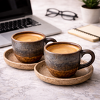 Handcrafted Speckled Ceramic Coffee Cup and Saucer Set | Earthy Multi-Tone Glaze | Artisan Cup