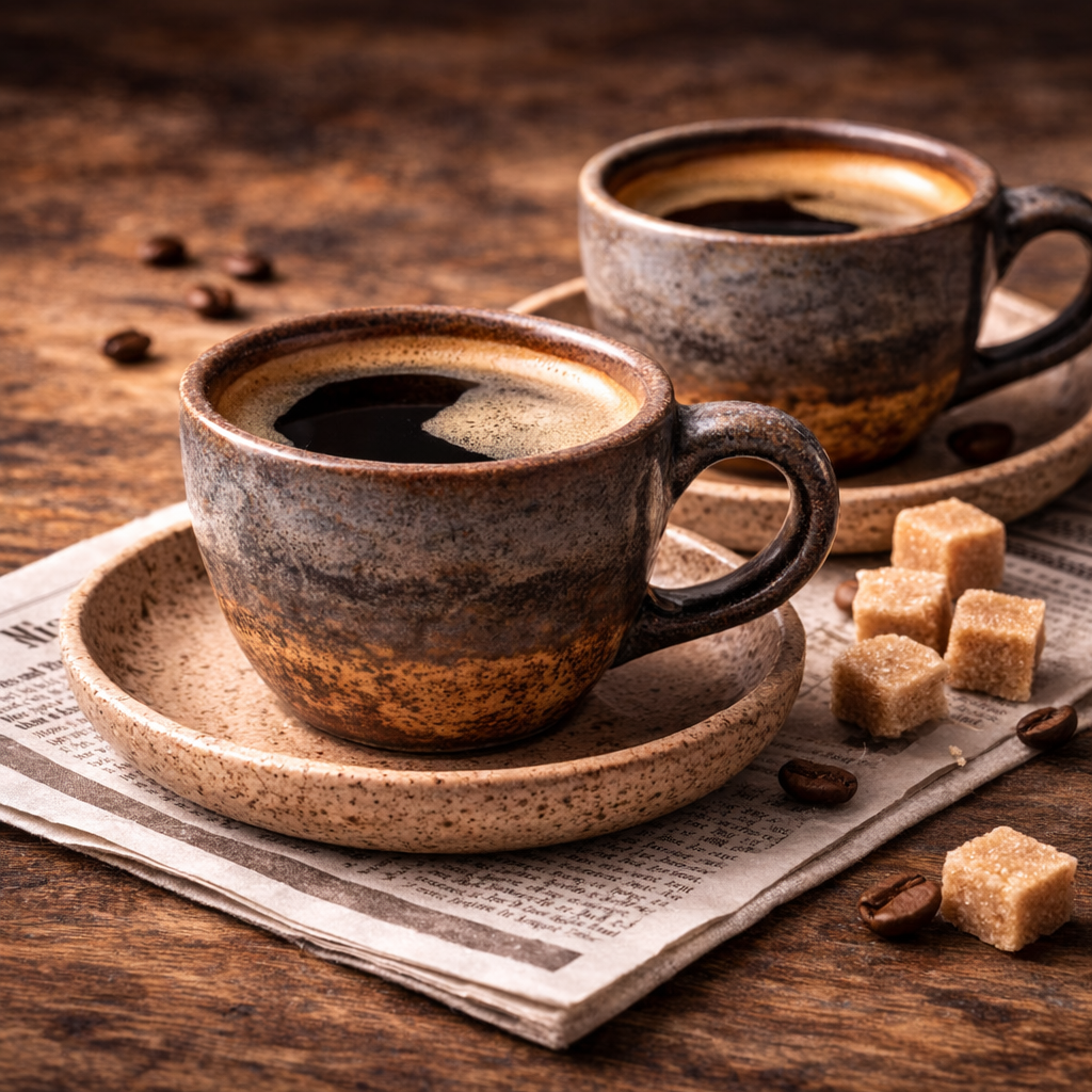 Handcrafted Speckled Ceramic Coffee Cup and Saucer Set | Earthy Multi-Tone Glaze | Artisan Cup