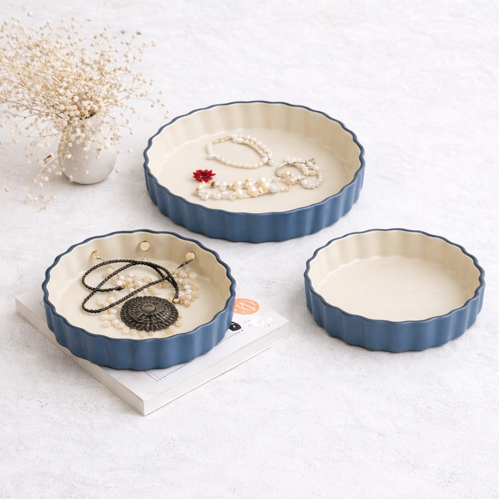 Ceramic Baking Dish Set of 3 | Scalloped Edge | Steel Blue and Cream | Oven Safe Tart Pan Set