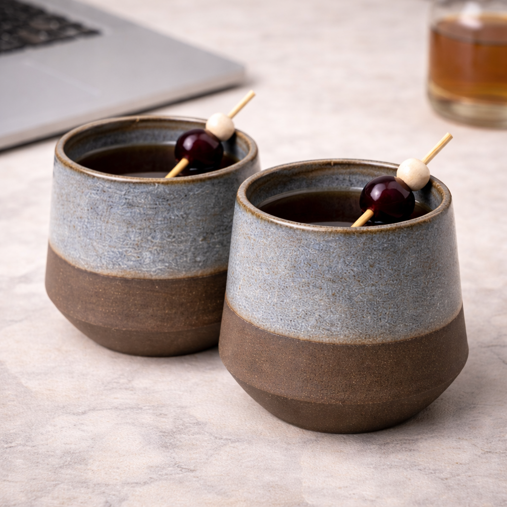 Handcrafted Two-Tone Ceramic Cup | Speckled Blue Grey Glaze with Raw Earthy Base | Artisan Drinkware