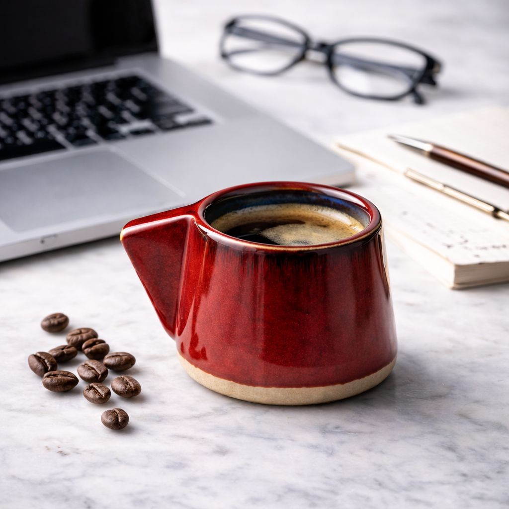 Handcrafted Deep Red Glazed Ceramic Coffee Mug with Thumb Rest Handle | Artisan Cup