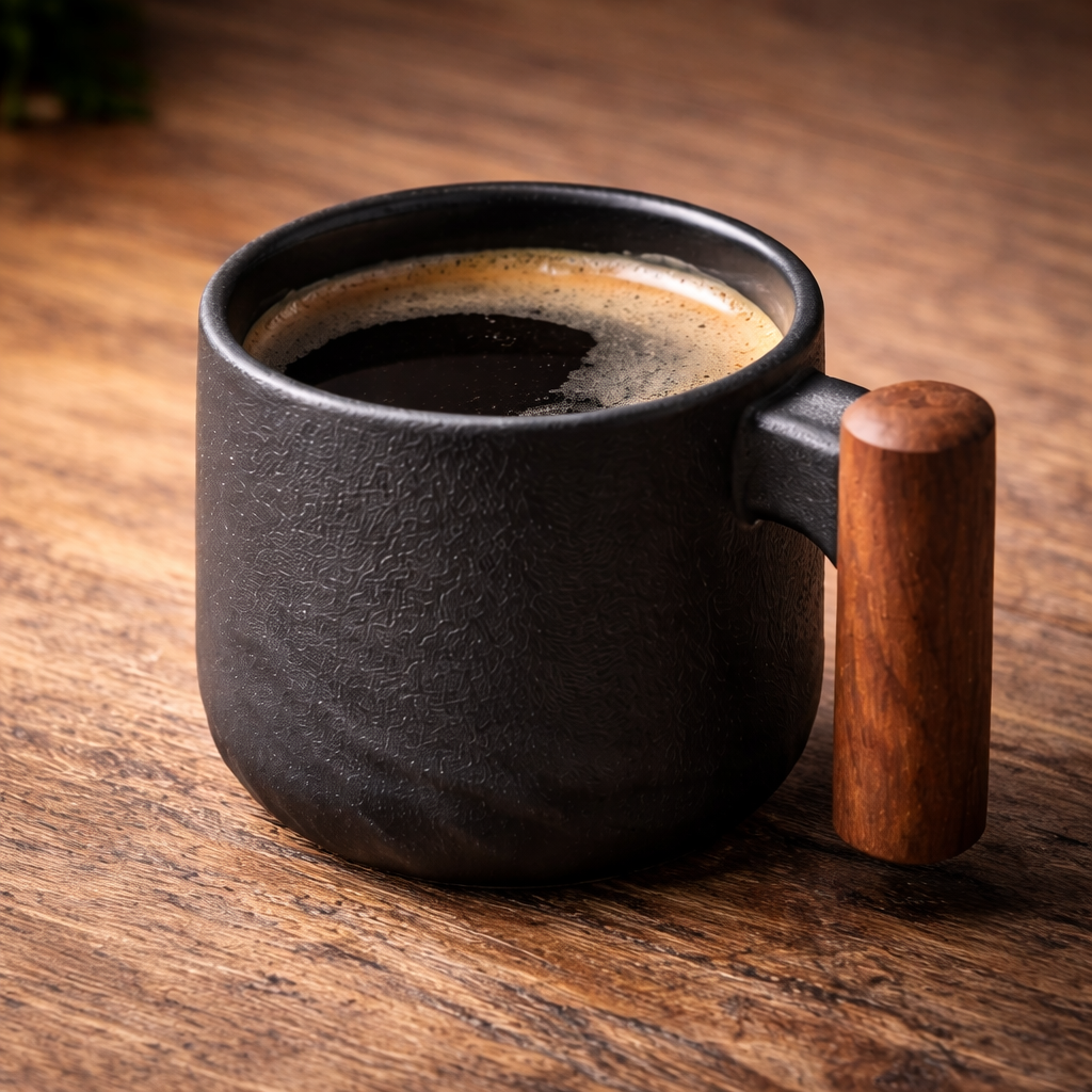 Handcrafted Matte Black Ceramic Coffee Mug with Wood Style Handle | Rustic Artisan Cup