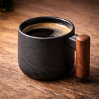 Handcrafted Matte Black Ceramic Coffee Mug with Wood Style Handle | Rustic Artisan Cup