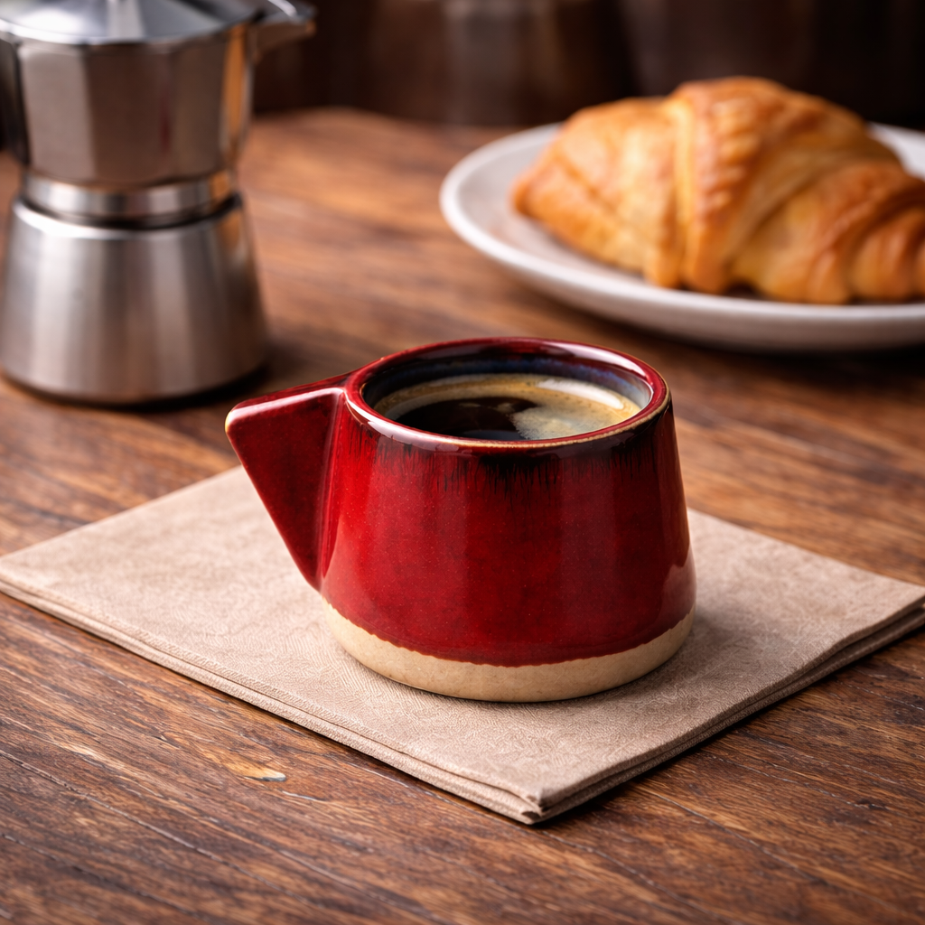 Handcrafted Deep Red Glazed Ceramic Coffee Mug with Thumb Rest Handle | Artisan Cup