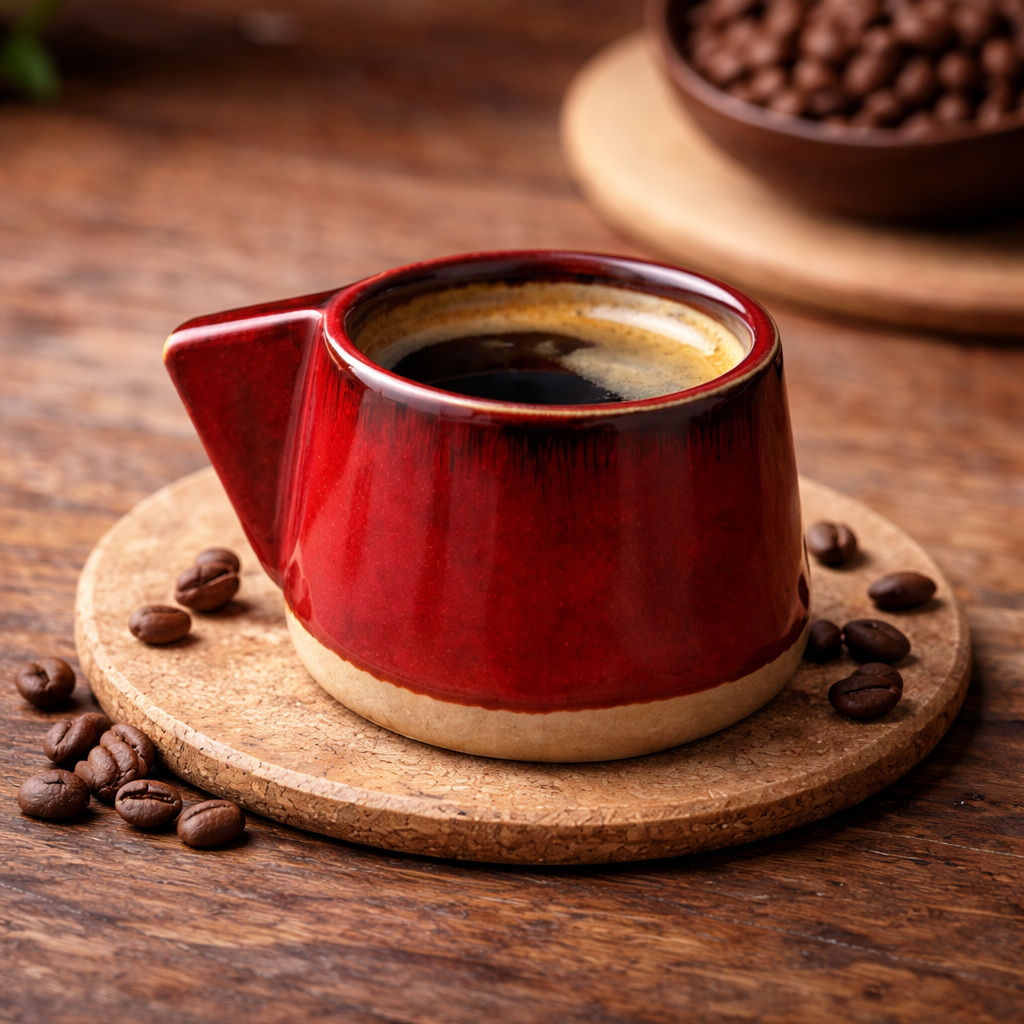 Handcrafted Deep Red Glazed Ceramic Coffee Mug with Thumb Rest Handle | Artisan Cup