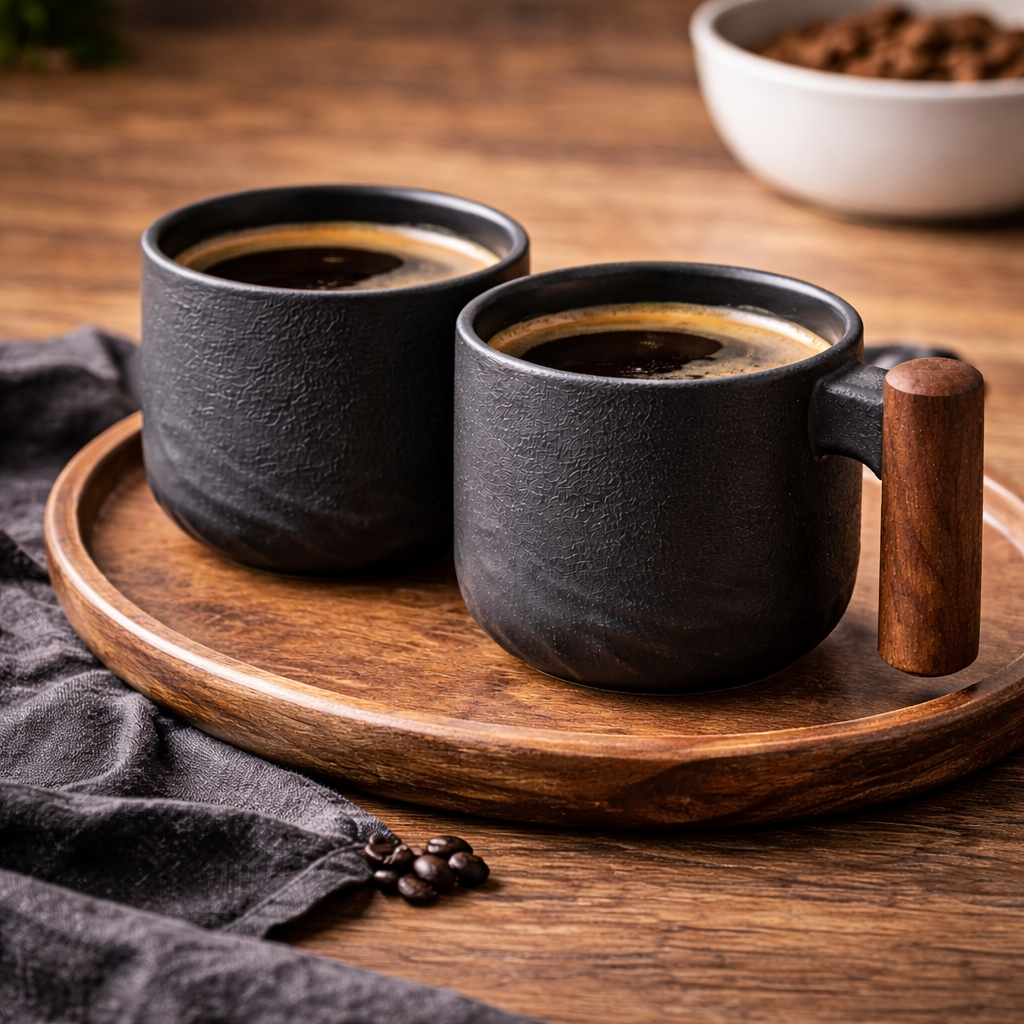 Handcrafted Matte Black Ceramic Coffee Mug with Wood Style Handle | Rustic Artisan Cup