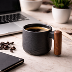 Handcrafted Matte Black Ceramic Coffee Mug with Wood Style Handle | Rustic Artisan Cup