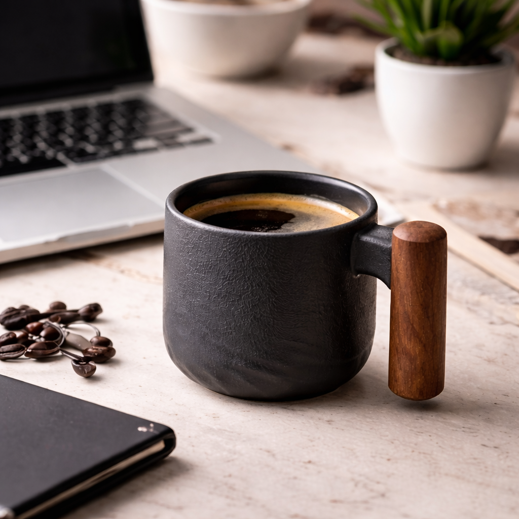 Handcrafted Matte Black Ceramic Coffee Mug with Wood Style Handle | Rustic Artisan Cup