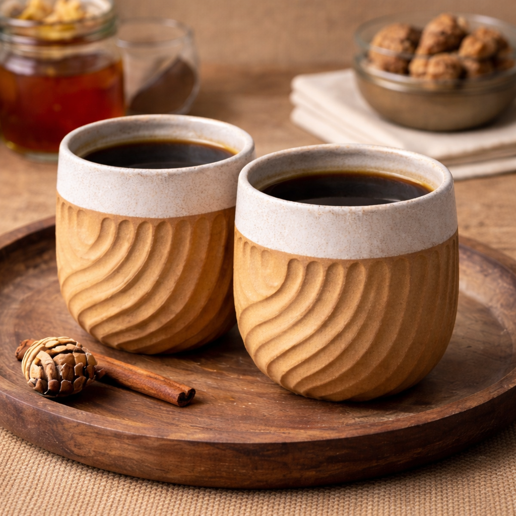 Handcrafted Ceramic Tumbler | Hand Carved Wave Pattern | Two-Tone Natural and White Glaze